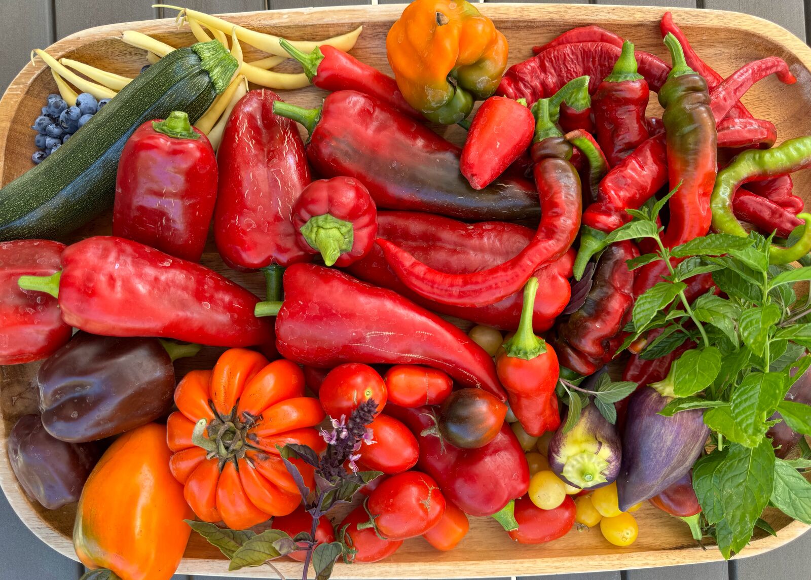 A tray piled with red and orange sweet peppers, chilies, and tomatoes