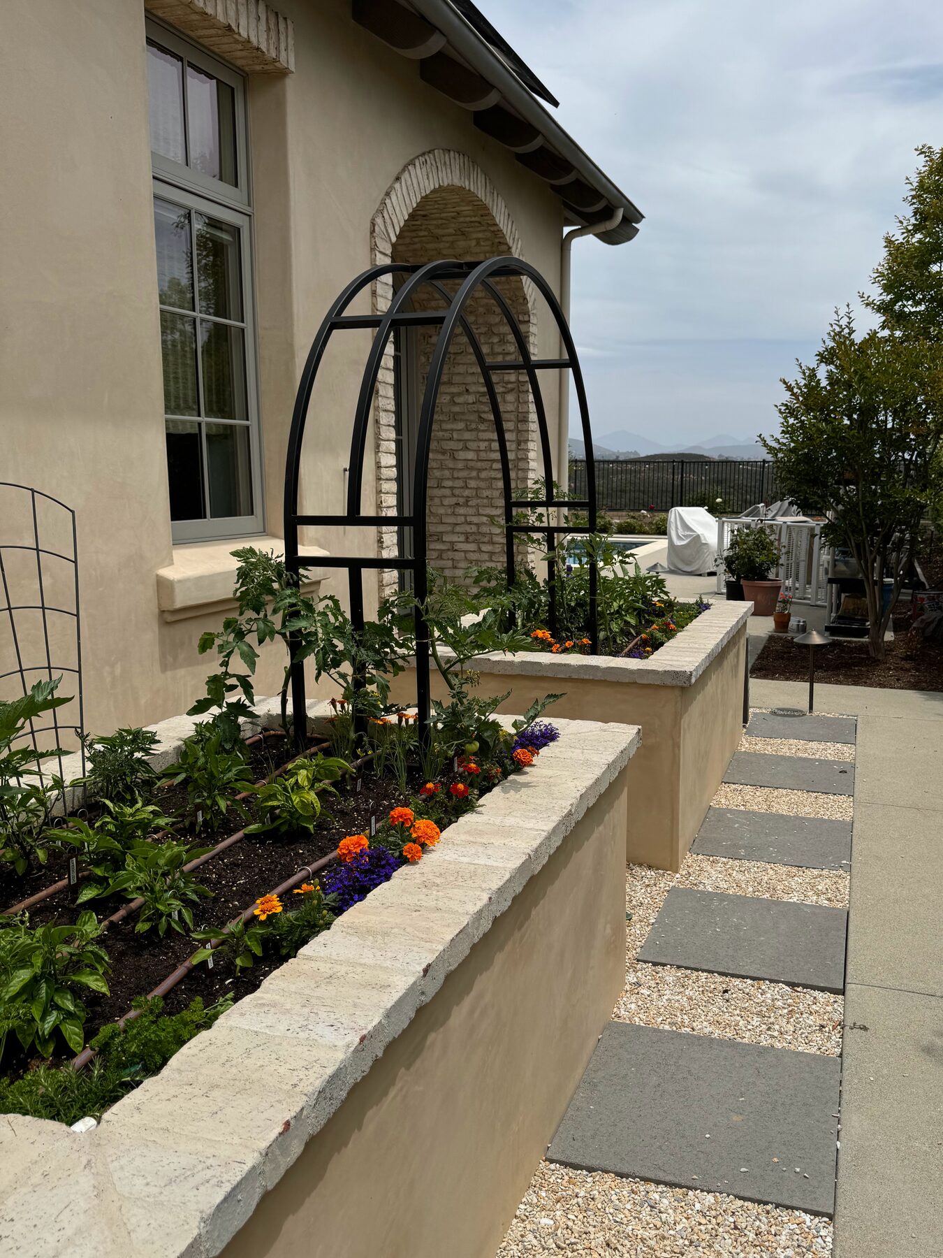 The Mary Package: stucco raised beds with a black arch trellis, marigolds, and mountain views