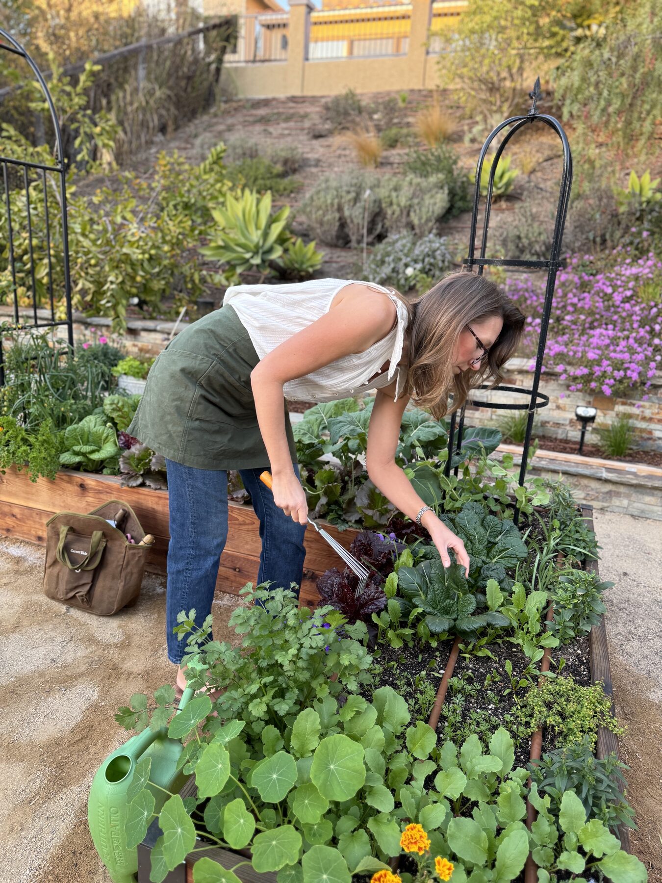 Marynika tending a raised bed with a hand rake, assessing plantings up close