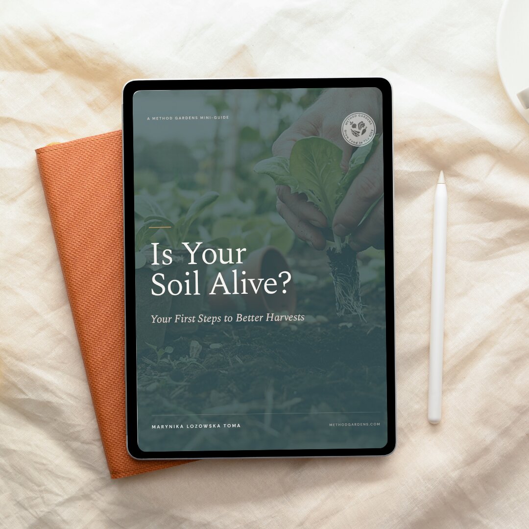 Tablet mockup of the "Is Your Soil Alive?" mini guide cover, resting on an orange notebook